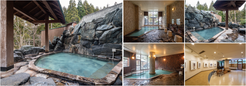 青荷山荘：隣接する宿『ニュースカイ』の大浴場・露天風呂は、乳白色の天然温泉。